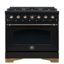 Forno Antico 5-Piece Appliance Package - 36-Inch Gas Range, 36-Inch Hood, 36-Inch Refrigerator, 24-Inch Dishwasher, & 24-Inch Microwave Oven in Black with Antique Brass Trim