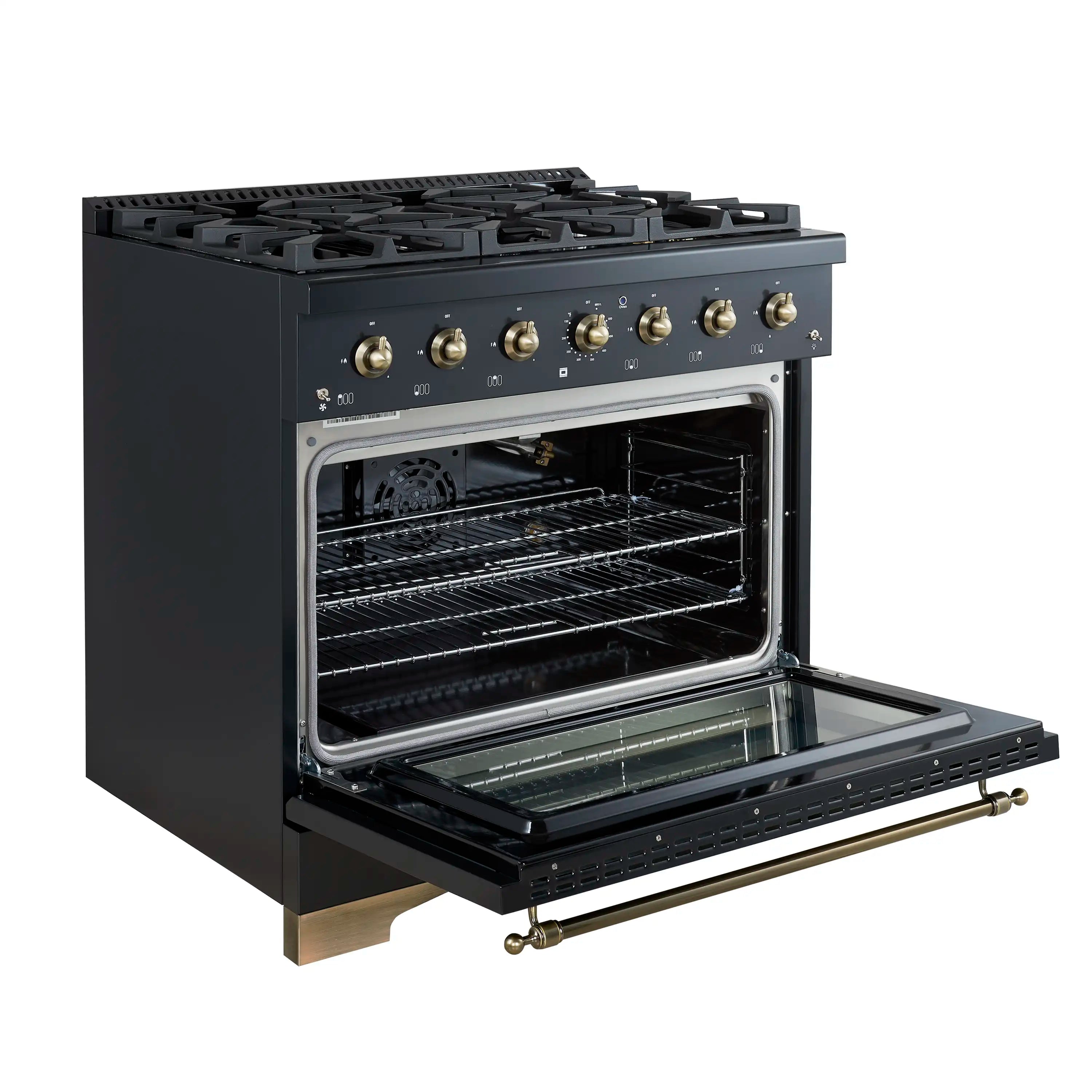 Black 36-inch gas oven with open door, interior racks, and brass handle