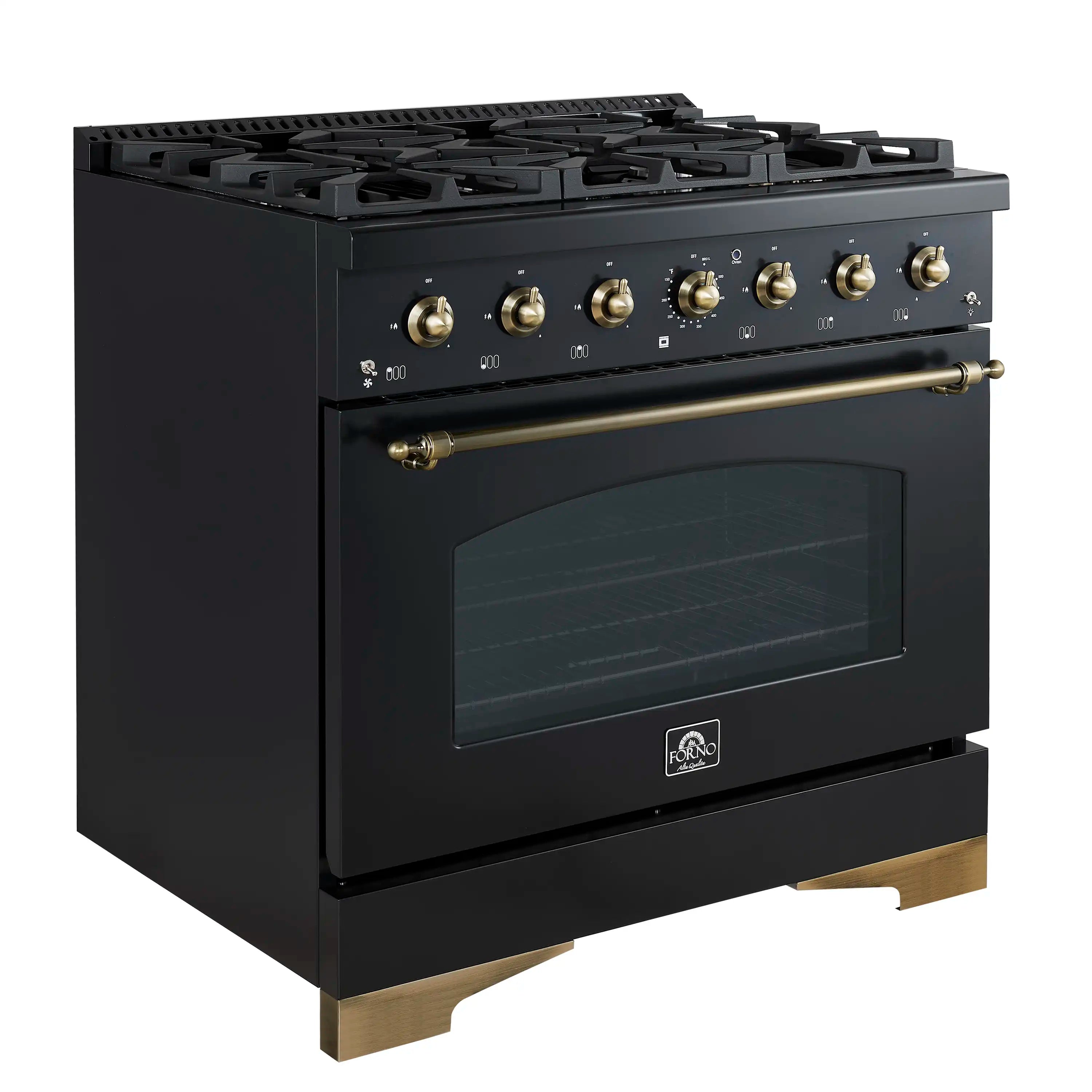Black 36-inch gas range with antique brass knobs and closed glass oven door