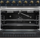 Forno 5-Piece Appliance Package - 36-Inch Dual Fuel Range, Wall Mount Range Hood, 60-Inch Convertible Refrigerator with Modern Grille Trim, Dishwasher, and 24-Inch Microwave Drawer in Black with Antique Brass Handle