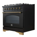 Forno Antico 3-Piece Appliance Package - 36-Inch Gas Range, 36-Inch Refrigerator, & 24-Inch Dishwasher in Black with Antique Brass Trim