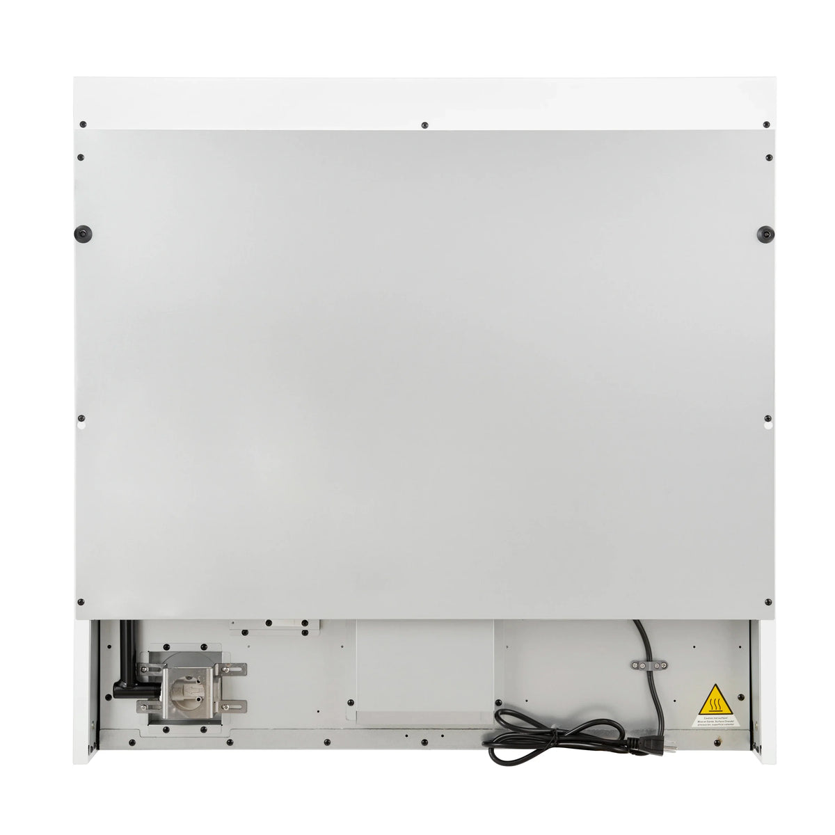 Microwave drawer rear panel with screws, wiring, and a warning label on white housing