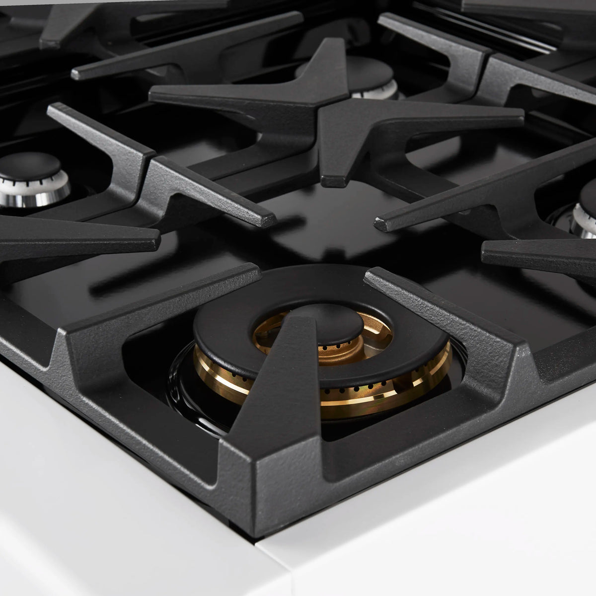 Dual fuel range gas burner grate with dark cast-iron support and brass burner ring