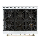 Forno 5-Piece Appliance Package - 36-Inch Antico Dual Fuel Range, Wall Mount Range Hood, 60-Inch Refrigerator, Dishwasher, & 30-Inch Microwave Oven in White with Antique Brass Handle