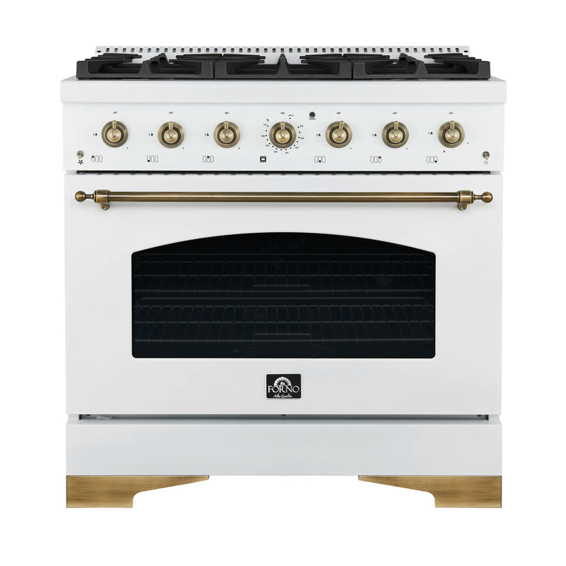 Forno Antico 5-Piece Appliance Package - 36-Inch Gas Range, 36-Inch Hood, 36-Inch Refrigerator, 24-Inch Dishwasher, & 30-Inch Microwave Drawer in White with Antique Brass Trim