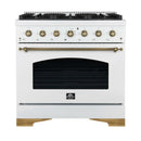 Forno Antico 4-Piece Appliance Package - 36-Inch Gas Range, 36-Inch Hood, 36-Inch Refrigerator, & 24-Inch Dishwasher in White with Antique Brass Trim