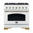 Forno 5-Piece Appliance Package - 36-Inch Antico Gas Range, Wall Mount Range Hood, 60-Inch Refrigerator, Dishwasher, & 30-Inch Microwave Drawer in White with Antique Brass Handle