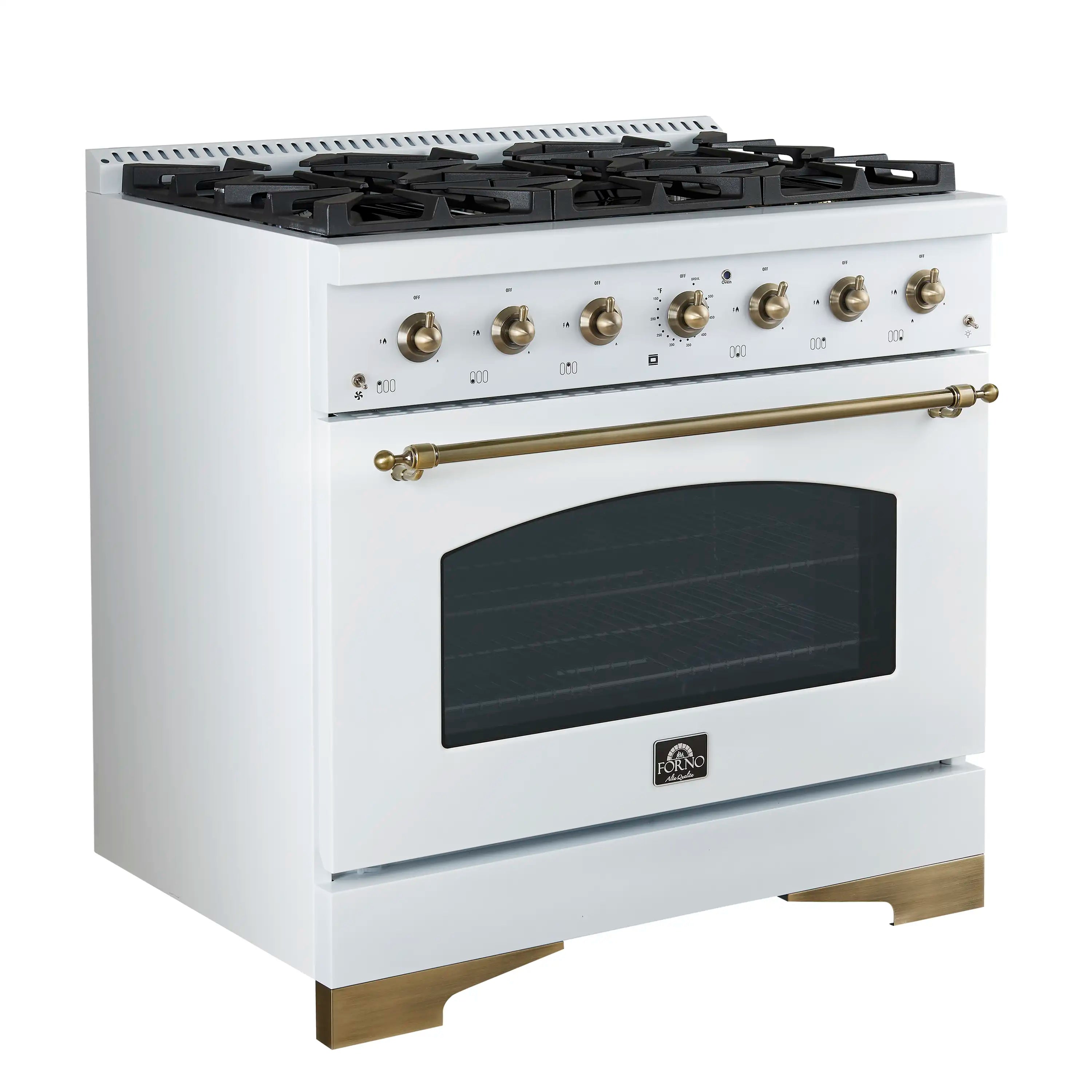 White dual fuel range with 6-burner gas cooktop and dark glass oven door