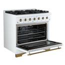 Forno 4-Piece Appliance Package - 36-Inch Antico Dual Fuel Range, 60-Inch Refrigerator, Dishwasher, & 30-Inch Microwave Drawer in White with Antique Brass Handle