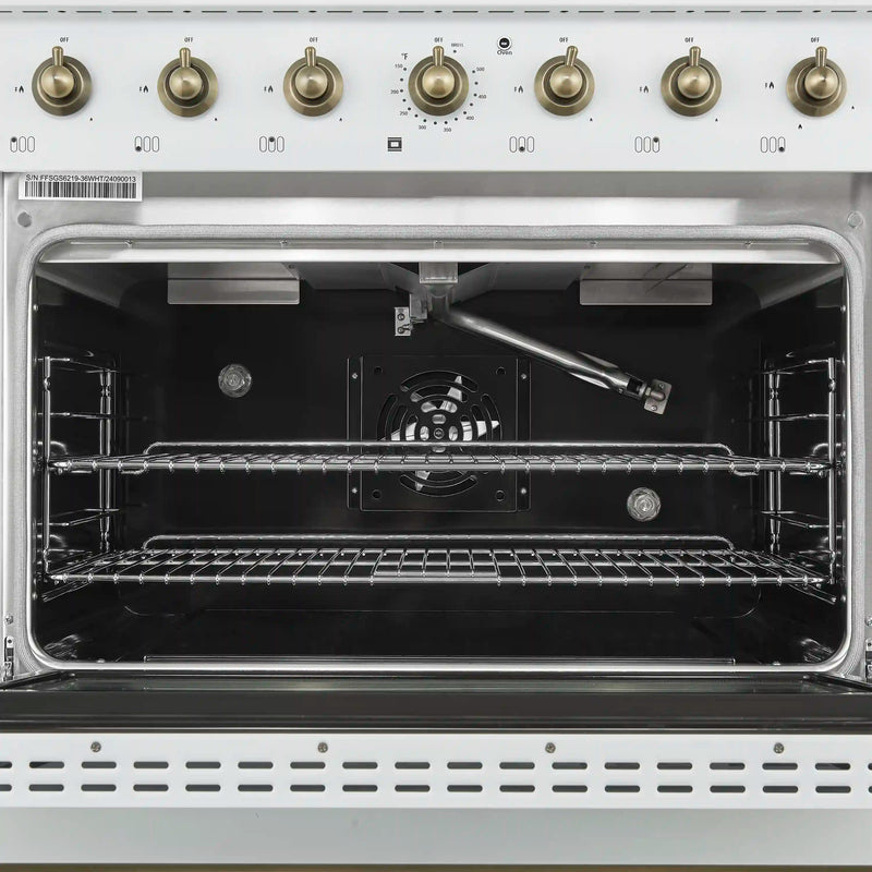 Forno Antico 3-Piece Appliance Package - 36-Inch Gas Range, 36-Inch Refrigerator, & 24-Inch Dishwasher in White with Antique Brass Trim