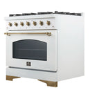 Forno Antico 4-Piece Appliance Package - 36-Inch Gas Range, 36-Inch Hood, 36-Inch Refrigerator, & 24-Inch Dishwasher in White with Antique Brass Trim