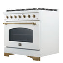 Forno 5-Piece Appliance Package - 36-Inch Antico Dual Fuel Range, Wall Mount Range Hood, 60-Inch Refrigerator, Dishwasher, & 30-Inch Microwave Oven in White with Antique Brass Handle