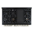 Forno Antico 2-Piece Appliance Package - 48-Inch Gas Range & 48-Inch Wall Mount Range Hood in Black with Antique Brass Trim