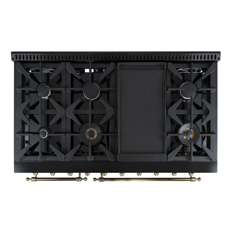 Forno Antico 5-Piece Appliance Package - 48-Inch Gas Range, 48-Inch Hood, 36-Inch Refrigerator, 24-Inch Dishwasher, & 24-Inch Microwave Drawer in Black with Antique Brass Trim