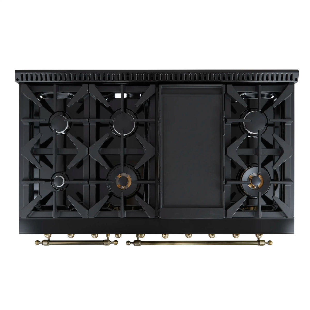 Black gas range cooktop with four burner grates and brass front rail