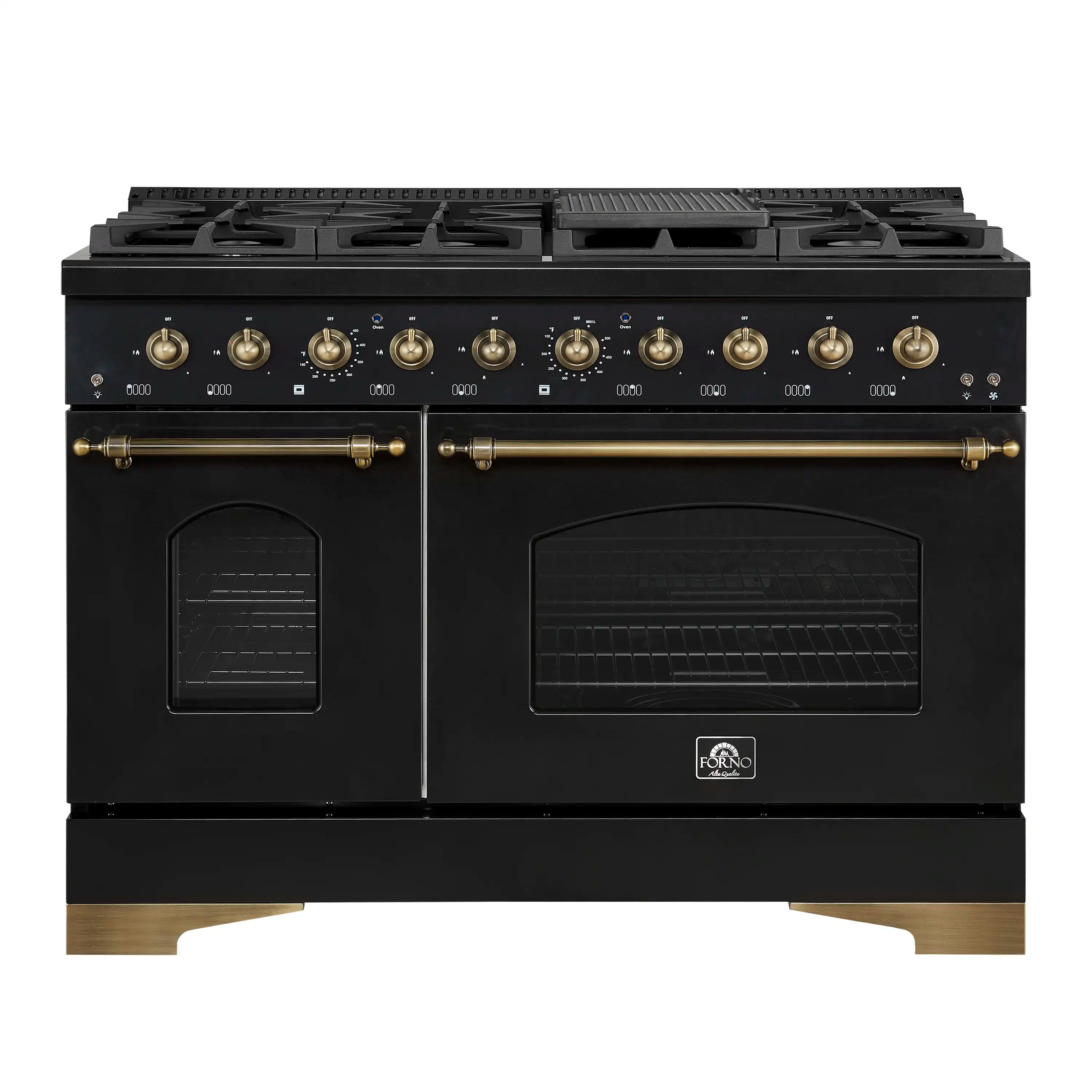 Black gas range front with brass knobs, control panel, and two oven doors