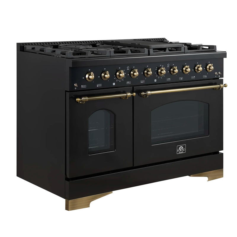 Forno Antico 5-Piece Appliance Package - 48-Inch Gas Range, 48-Inch Hood, 36-Inch Refrigerator, 24-Inch Dishwasher, & 24-Inch Microwave Drawer in Black with Antique Brass Trim