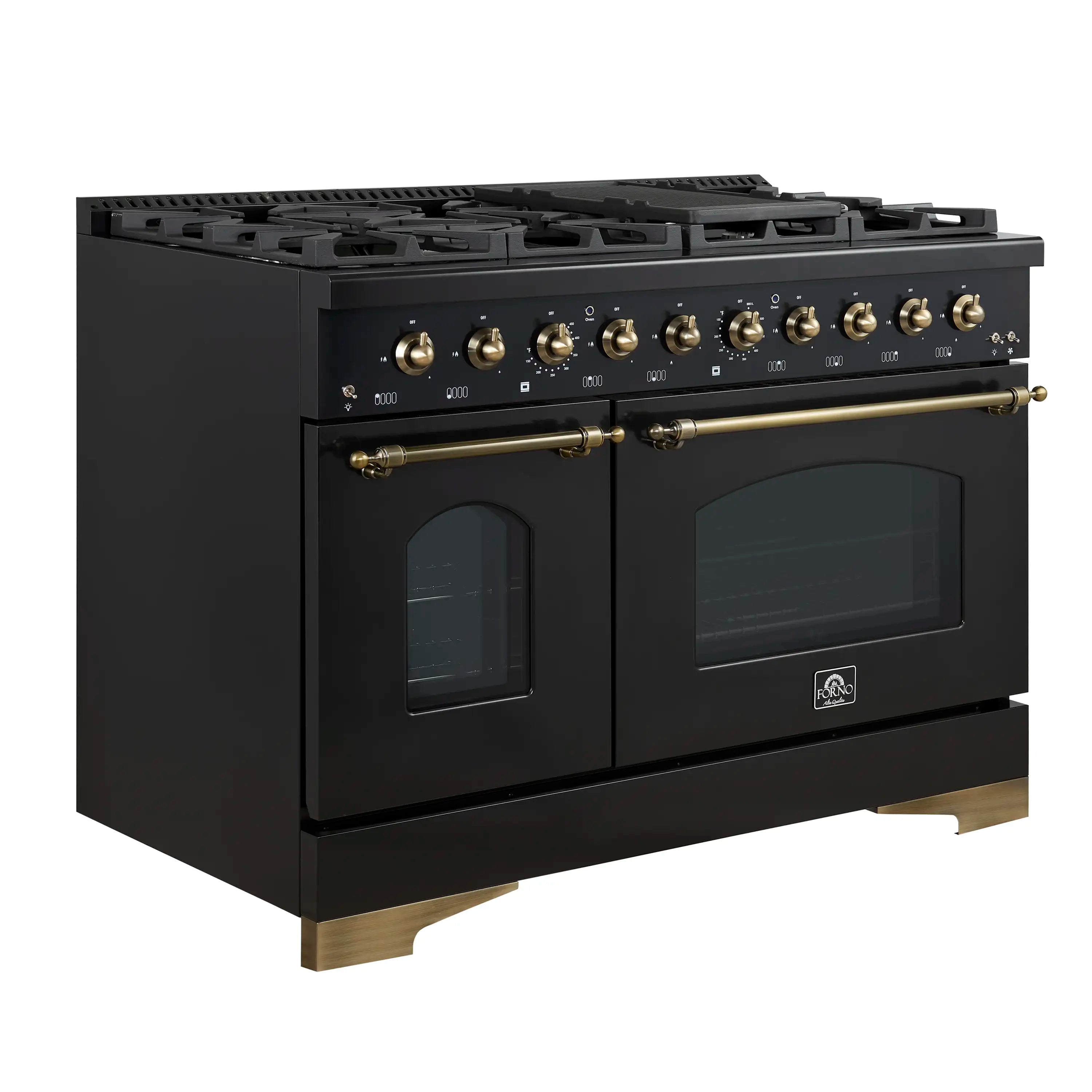 Black dual-fuel range with two oven doors, glass windows, and brass trim