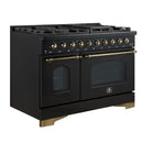 Forno Antico 5-Piece Appliance Package - 48-Inch Dual Fuel Range, 48-Inch Hood, 36-Inch Refrigerator, 24-Inch Dishwasher, & 24-Inch Microwave Oven in Black with Antique Brass Trim