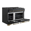 Forno 5-Piece Appliance Package - 48-Inch Dual Fuel Range, 60-Inch Convertible Refrigerator with Modern Grille Trim, Dishwasher, and 24-Inch Microwave Drawer in Black with Antique Brass Handle
