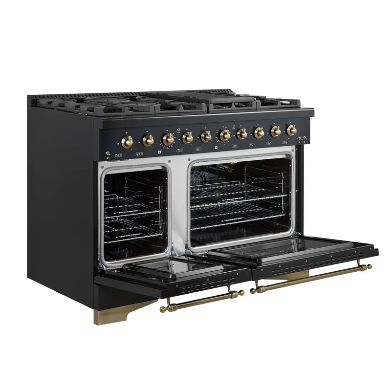 Forno Antico 5-Piece Appliance Package - 48-Inch Gas Range, 48-Inch Hood, 36-Inch Refrigerator, 24-Inch Dishwasher, & 24-Inch Microwave Drawer in Black with Antique Brass Trim