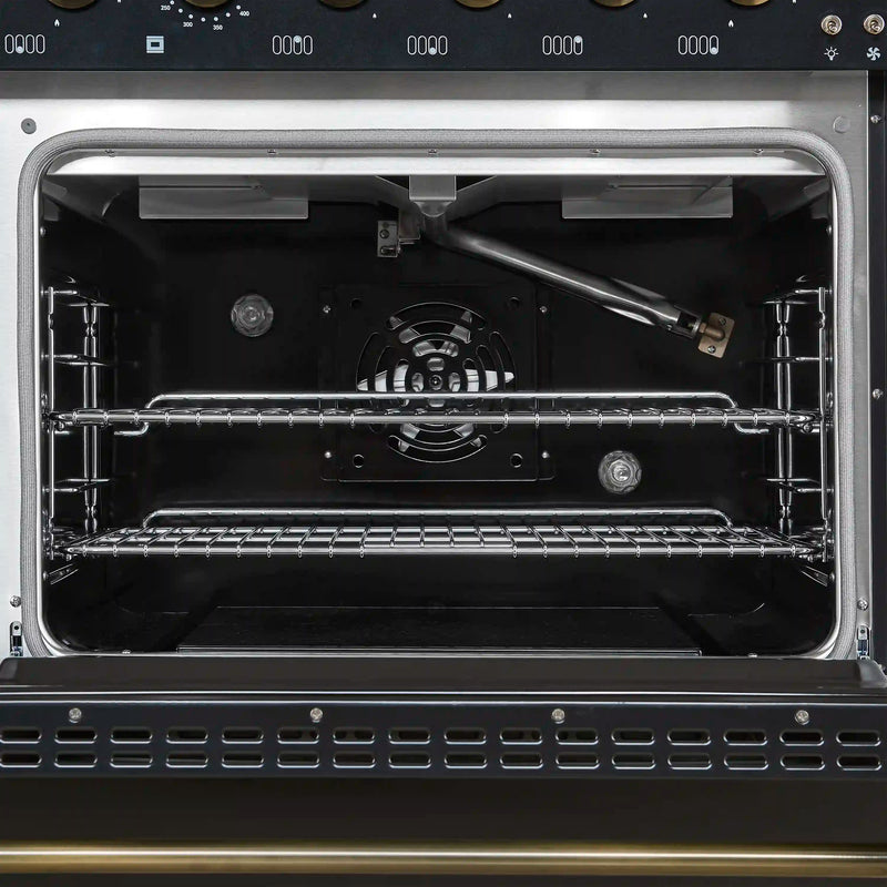 Forno Antico 5-Piece Appliance Package - 48-Inch Gas Range, 48-Inch Hood, 36-Inch Refrigerator, 24-Inch Dishwasher, & 24-Inch Microwave Drawer in Black with Antique Brass Trim