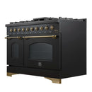 Forno Antico 5-Piece Appliance Package - 48-Inch Dual Fuel Range, 48-Inch Hood, 36-Inch Refrigerator, 24-Inch Dishwasher, & 24-Inch Microwave Oven in Black with Antique Brass Trim