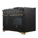 Forno Antico 2-Piece Appliance Package - 48-Inch Dual Fuel Range & 48-Inch Wall Mount Range Hood in Black with Antique Brass Trim
