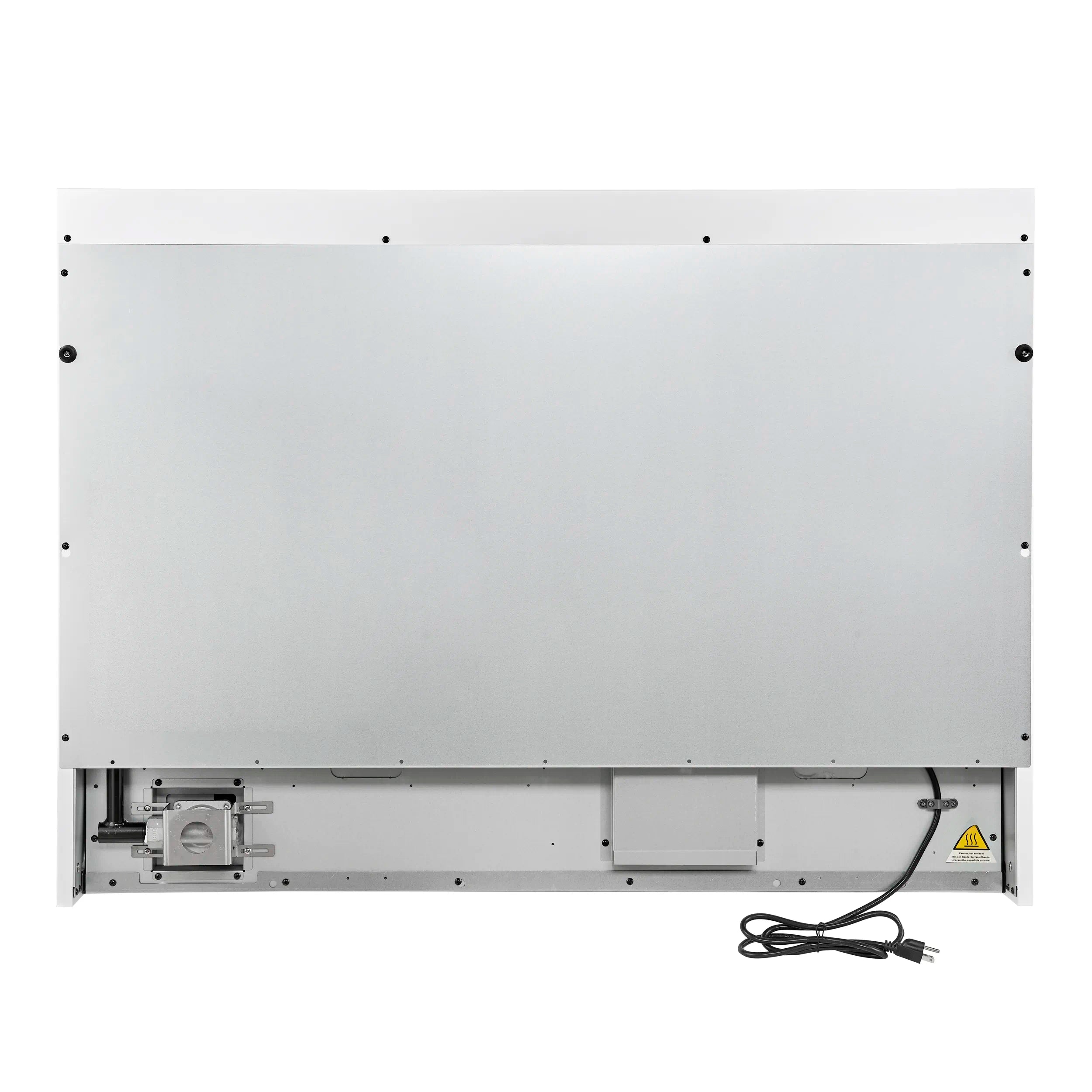 White gas range back panel with vent openings and power cord connection.