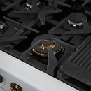 Forno Antico 5-Piece Appliance Package - 48-Inch Gas Range, 48-Inch Hood, 36-Inch Refrigerator, 24-Inch Dishwasher, & 24-Inch Microwave Oven in White with Antique Brass Trim