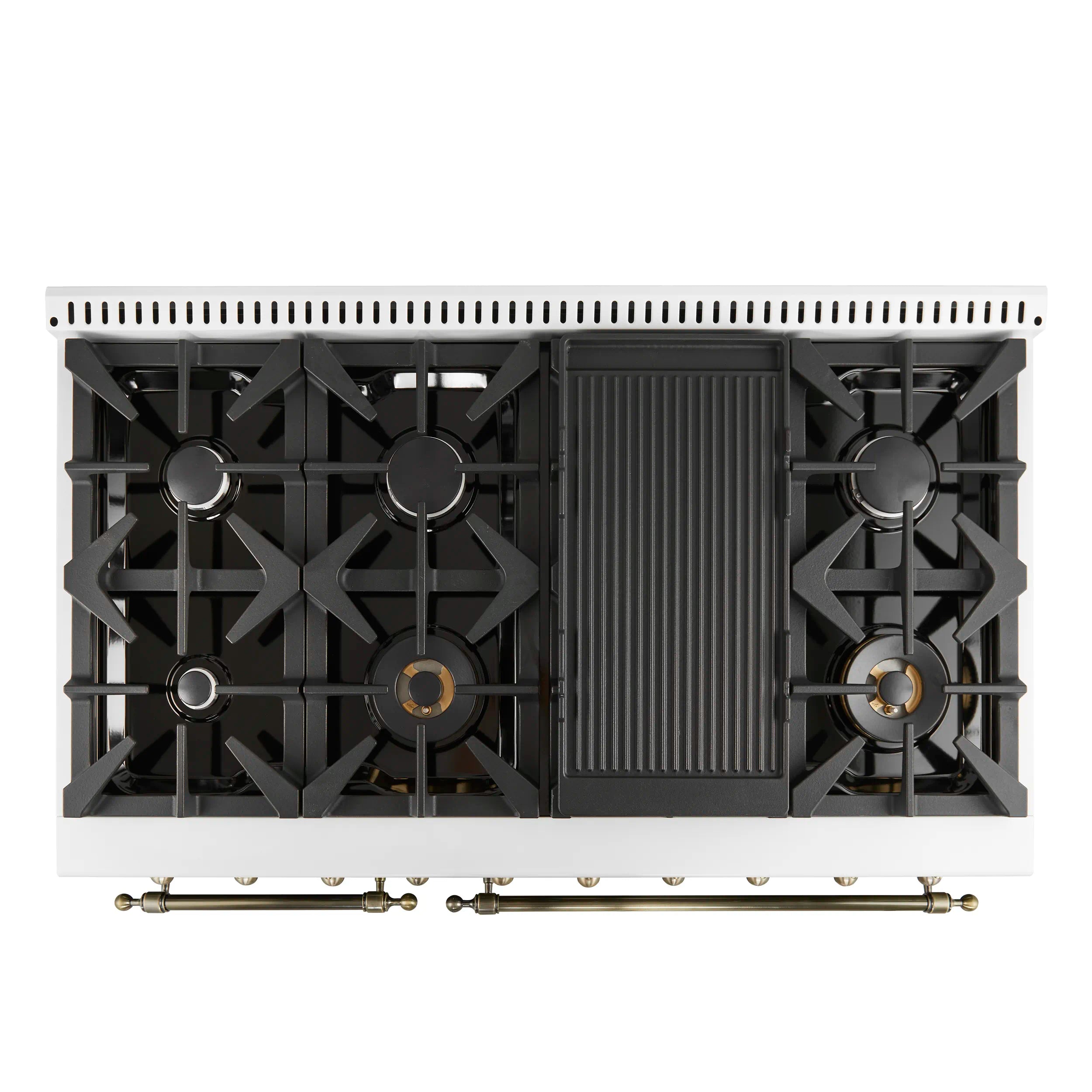 White dual fuel range cooktop with black burner grates and center grill