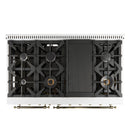 Forno Antico 5-Piece Appliance Package - 48-Inch Gas Range, 48-Inch Hood, 36-Inch Refrigerator, 24-Inch Dishwasher, & 30-Inch Microwave Oven in White with Antique Brass Trim