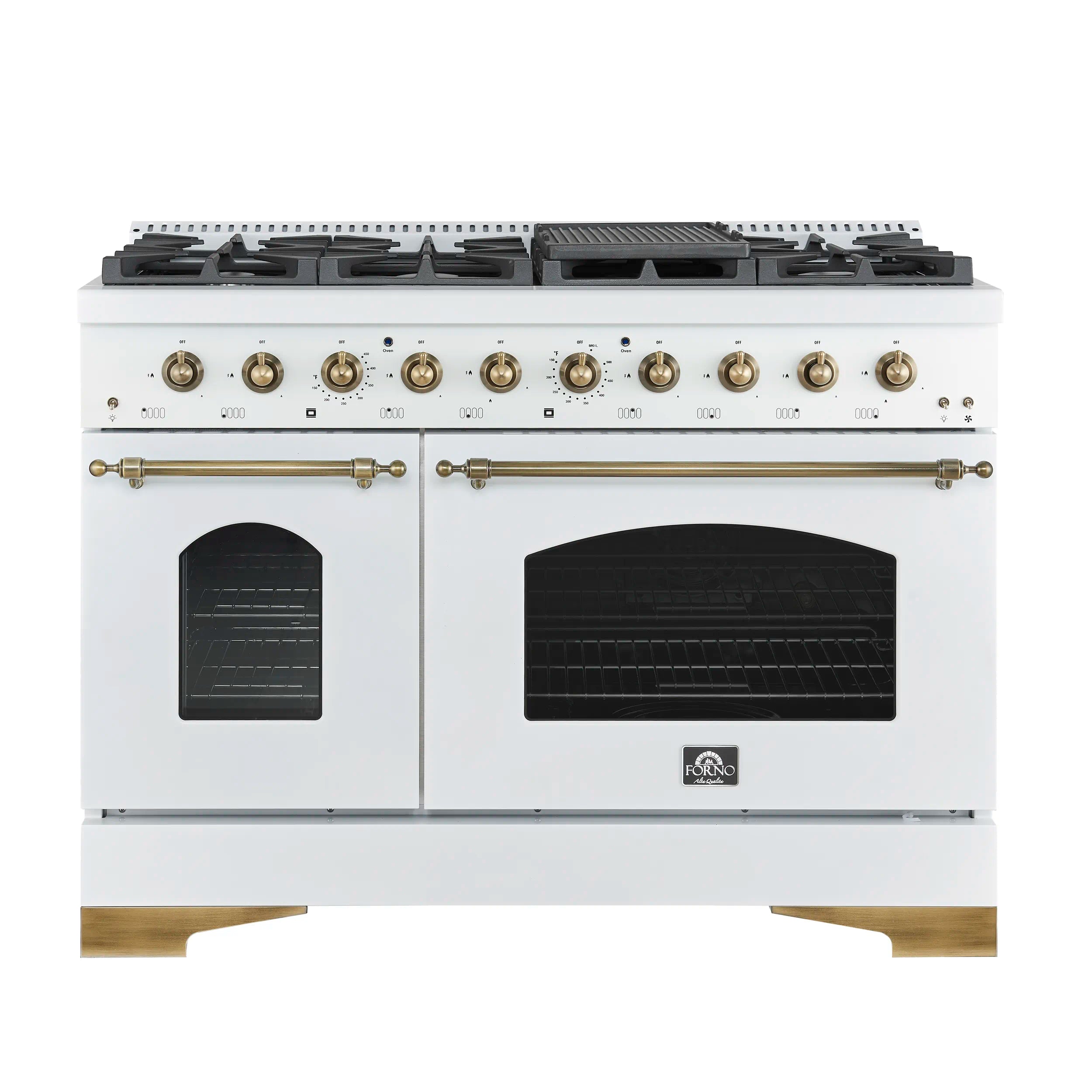 White 48-inch gas range front with brass knobs and two oven doors.