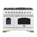 Forno 5-Piece Appliance Package - 48-Inch Antico Gas Range, Wall Mount Range Hood, 60-Inch Refrigerator, Dishwasher, & 30-Inch Microwave Drawer in White with Antique Brass Handle