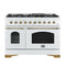 Forno Antico 5-Piece Appliance Package - 48-Inch Gas Range, 48-Inch Hood, 36-Inch Refrigerator, 24-Inch Dishwasher, & 24-Inch Microwave Oven in White with Antique Brass Trim