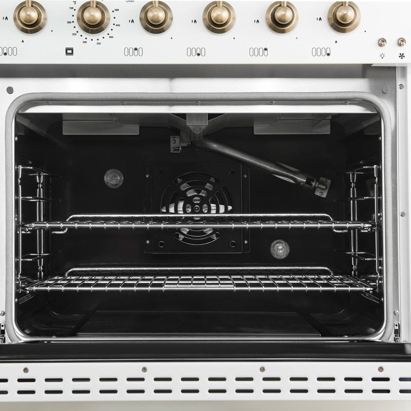 Forno Antico 5-Piece Appliance Package - 48-Inch Gas Range, 48-Inch Hood, 36-Inch Refrigerator, 24-Inch Dishwasher, & 24-Inch Microwave Drawer in White with Antique Brass Trim