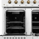 Forno Antico 5-Piece Appliance Package - 48-Inch Gas Range, 48-Inch Hood, 36-Inch Refrigerator, 24-Inch Dishwasher, & 24-Inch Microwave Drawer in White with Antique Brass Trim