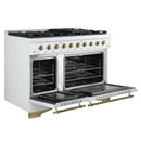 Forno 5-Piece Appliance Package - 48-Inch Dual Fuel Range, Wall Mount Range Hood, 60-Inch Refrigerator, Dishwasher, & 24-Inch Microwave Drawer in White with Antique Brass Handle