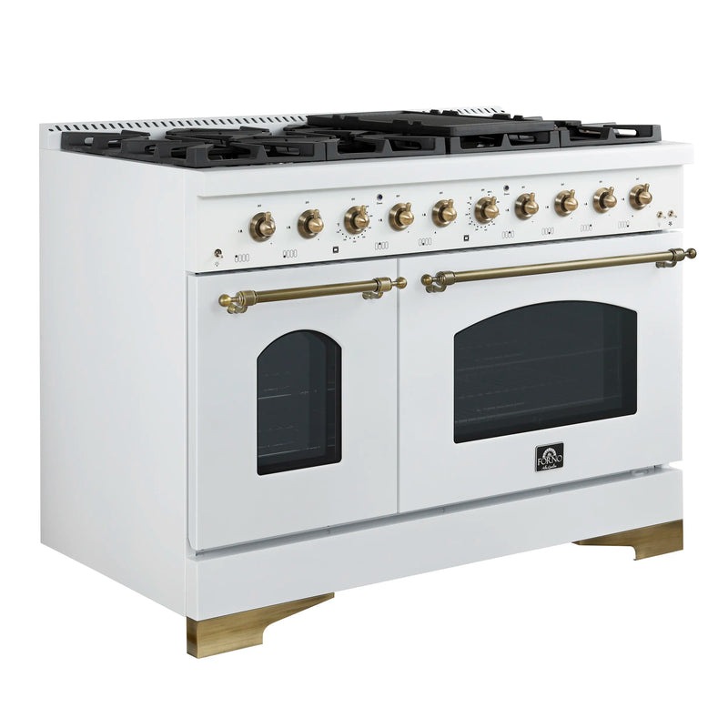 Forno Antico 4-Piece Appliance Package - 48-Inch Gas Range, 48-Inch Hood, 36-Inch Refrigerator, & 24-Inch Dishwasher in White with Antique Brass Trim