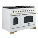 Forno Antico 5-Piece Appliance Package - 48-Inch Dual Fuel Range, 48-Inch Hood, 36-Inch Refrigerator, 24-Inch Dishwasher, & 30-Inch Microwave Oven in White with Antique Brass Trim
