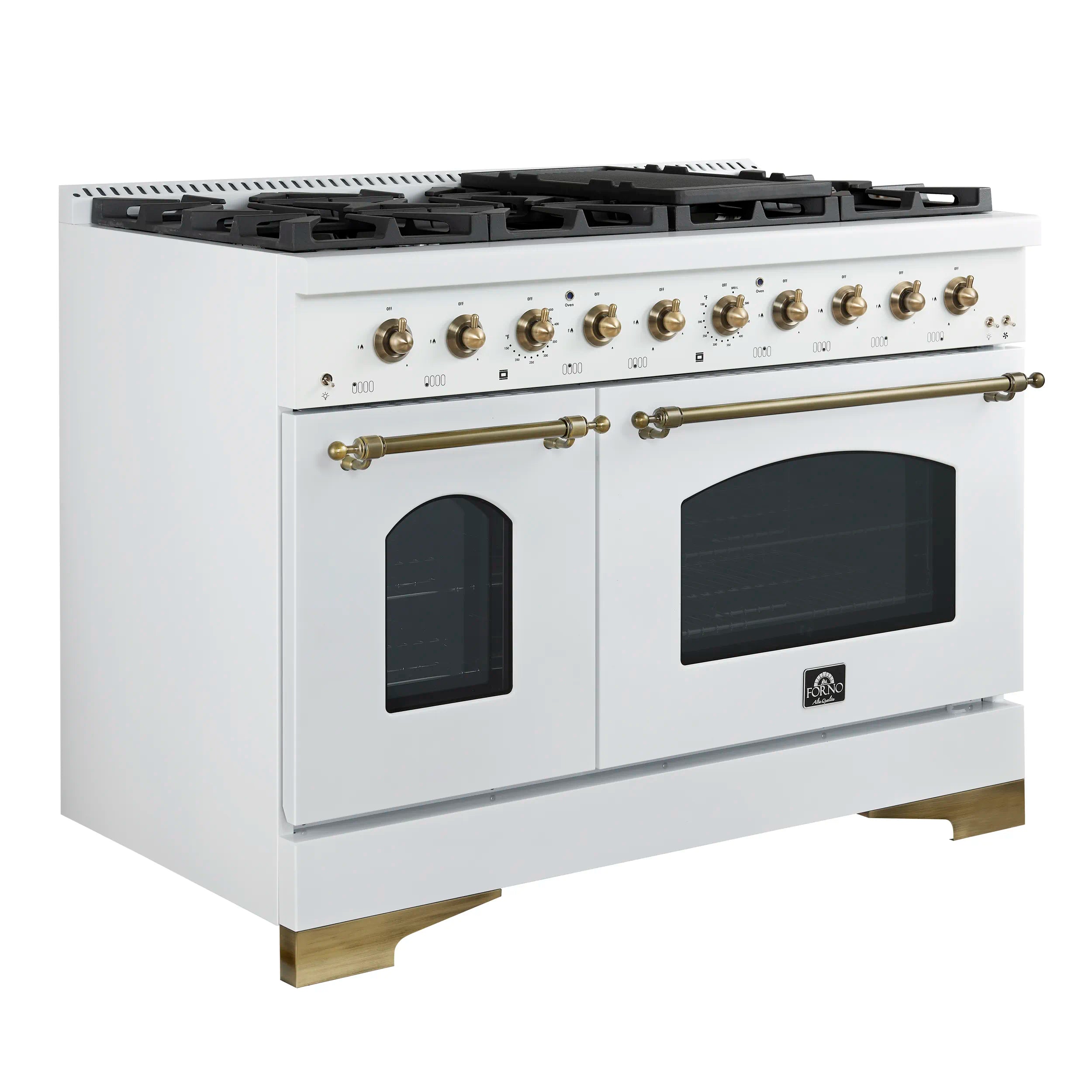 White dual fuel range, eight gas burners, two oven windows, brass trim