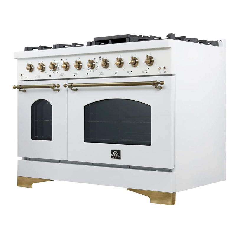 Forno Antico 3-Piece Appliance Package - 48-Inch Dual Fuel Range, 36-Inch Refrigerator, & 24-Inch Dishwasher in White with Antique Brass Trim