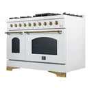 Forno 5-Piece Appliance Package - 48-Inch Antico Gas Range, Wall Mount Range Hood, 60-Inch Refrigerator, Dishwasher, & 24-Inch Microwave Drawer in White with Antique Brass Handle