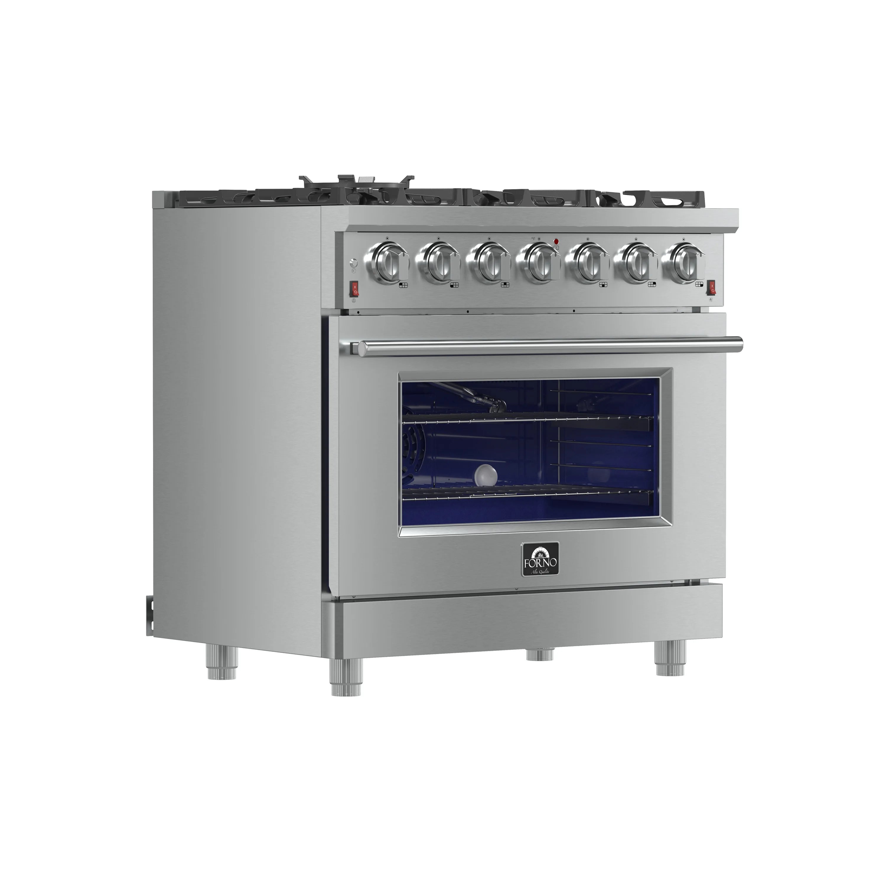 Stainless steel gas range with viewing window and control knobs above oven