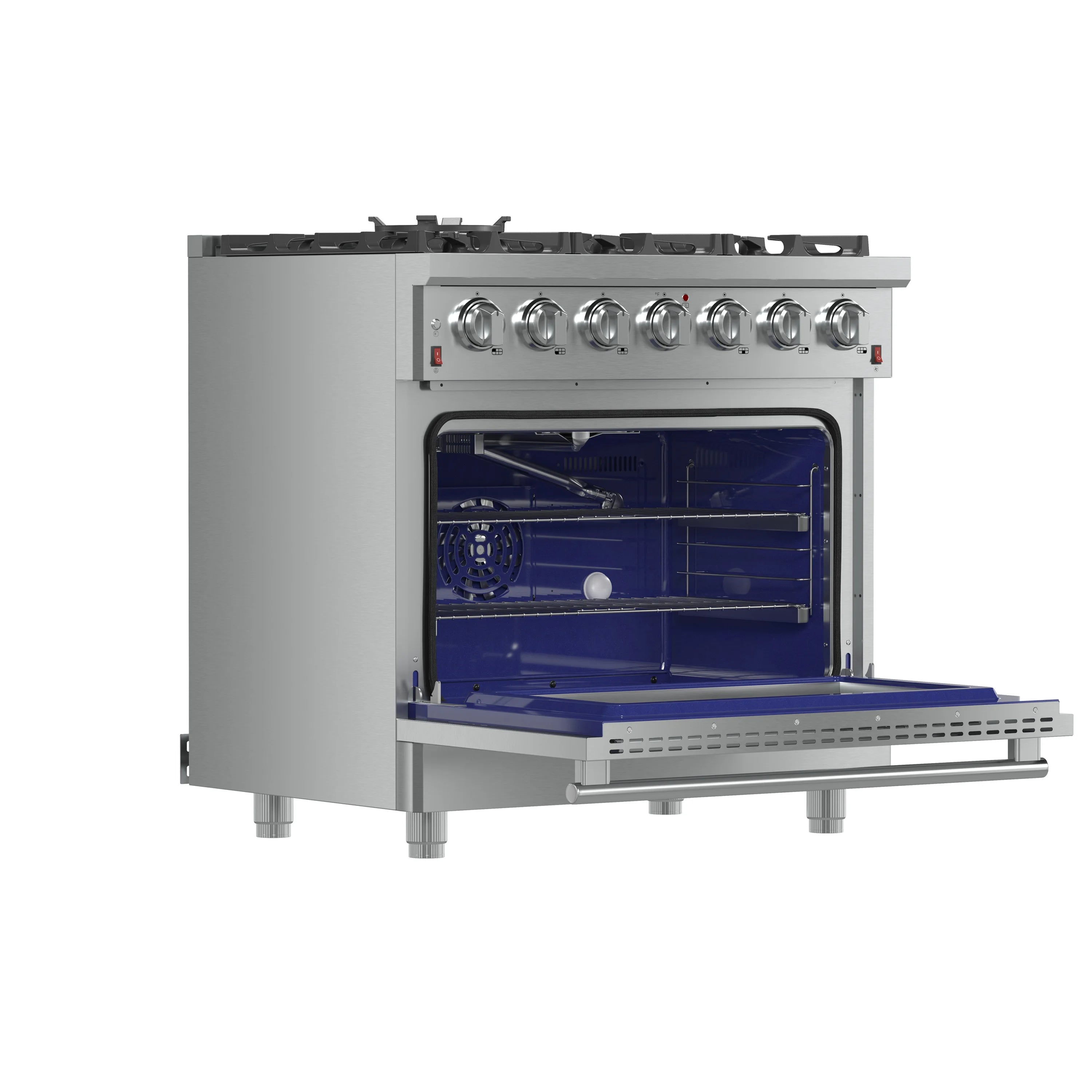 Stainless steel gas range with open oven door and oven rack