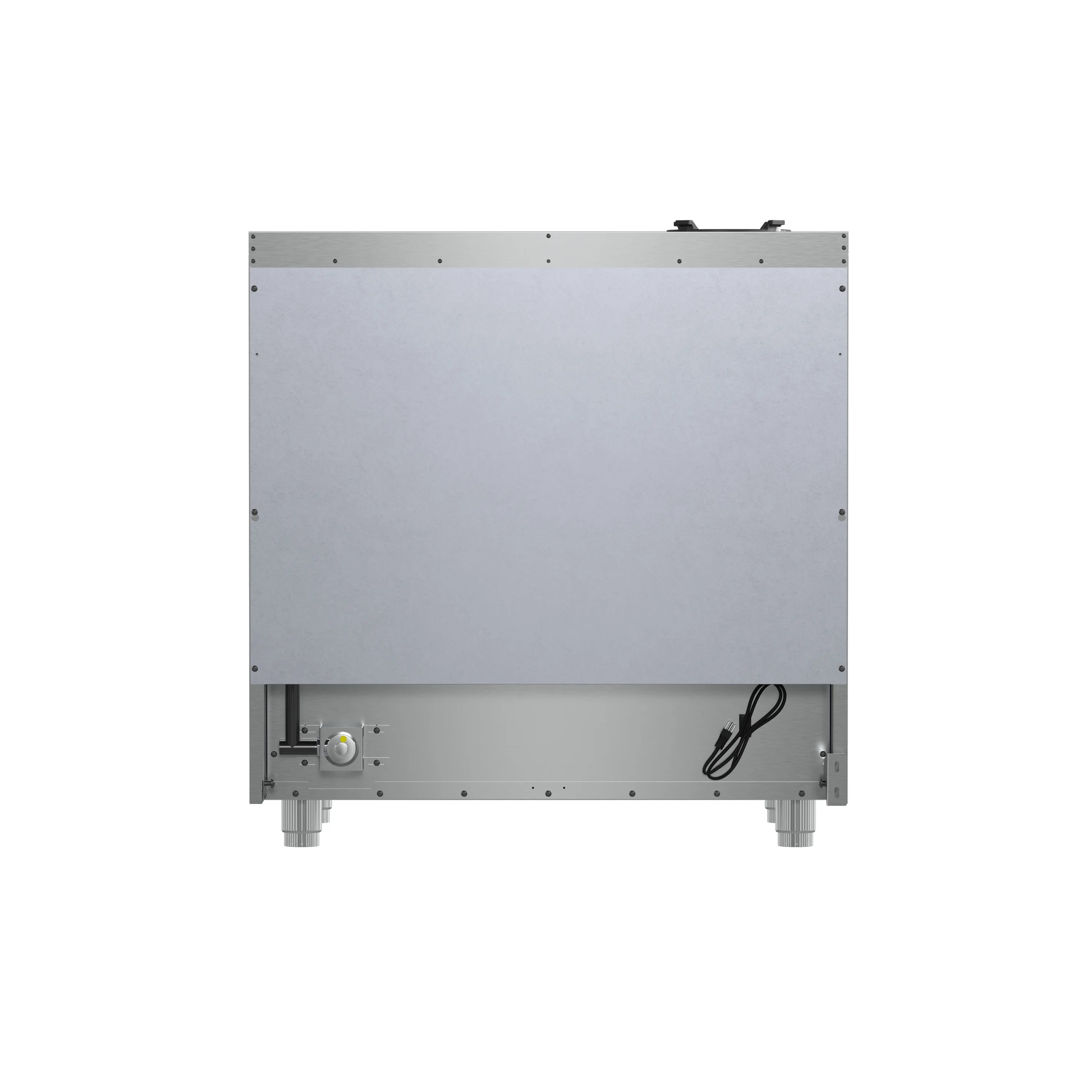 Stainless gas range rear panel with access compartment and control knob
