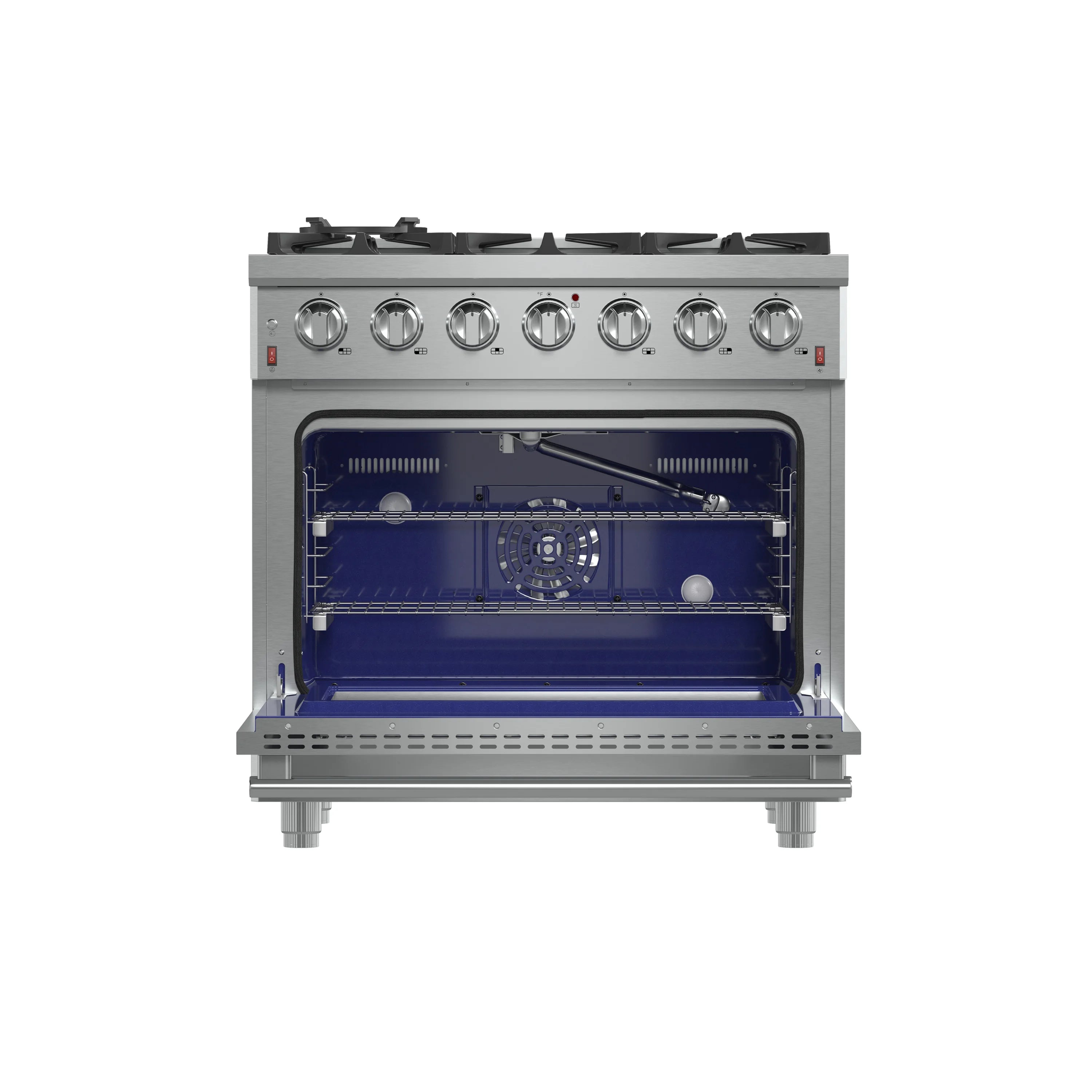 Stainless 36-inch gas range with open oven and front burner controls