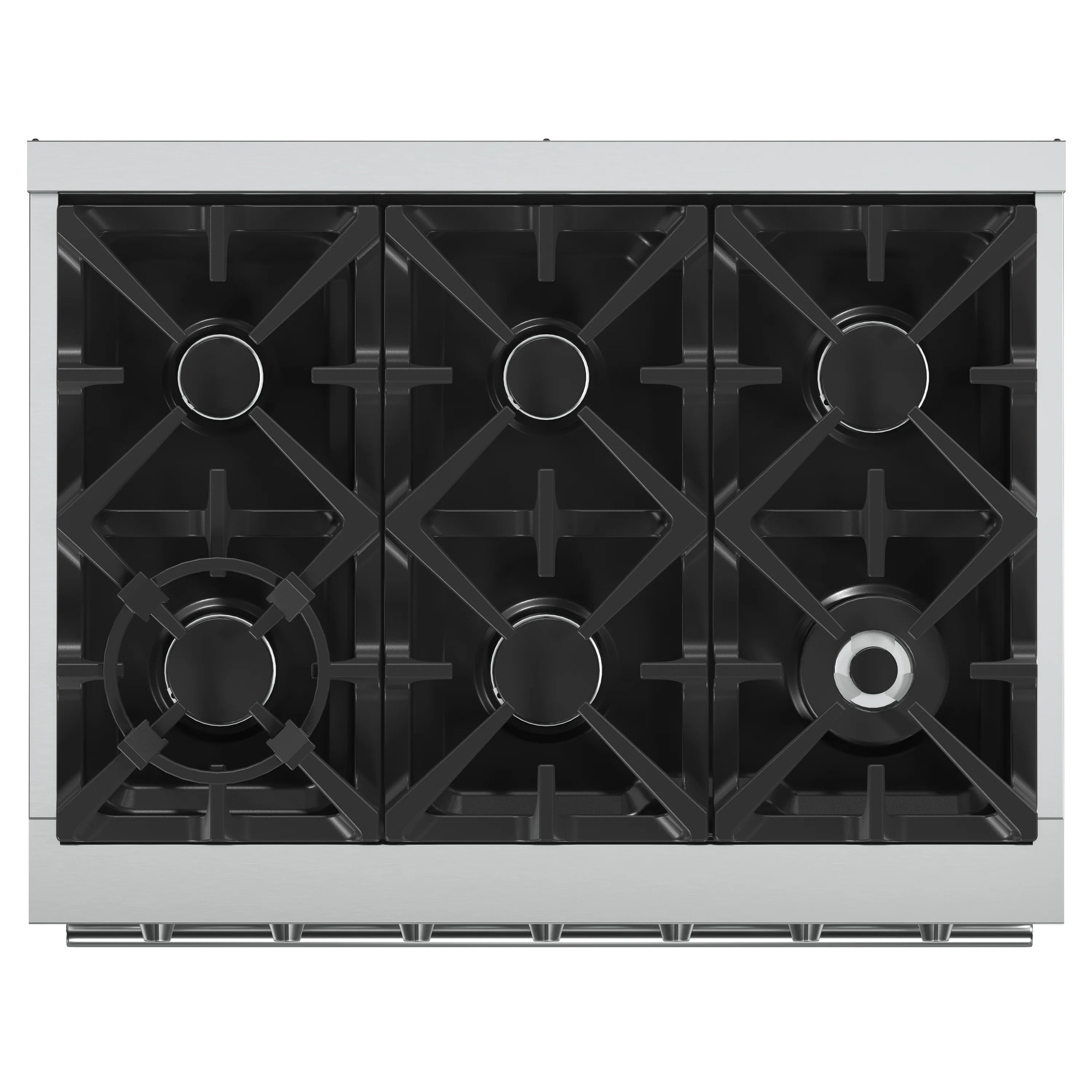 Gas cooktop with three front and two rear cast-iron grates