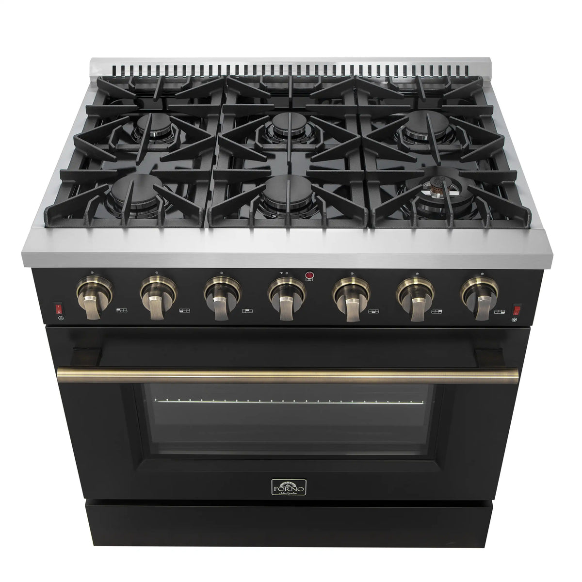 Black gas range with burner grates, brass control knobs, and closed oven door