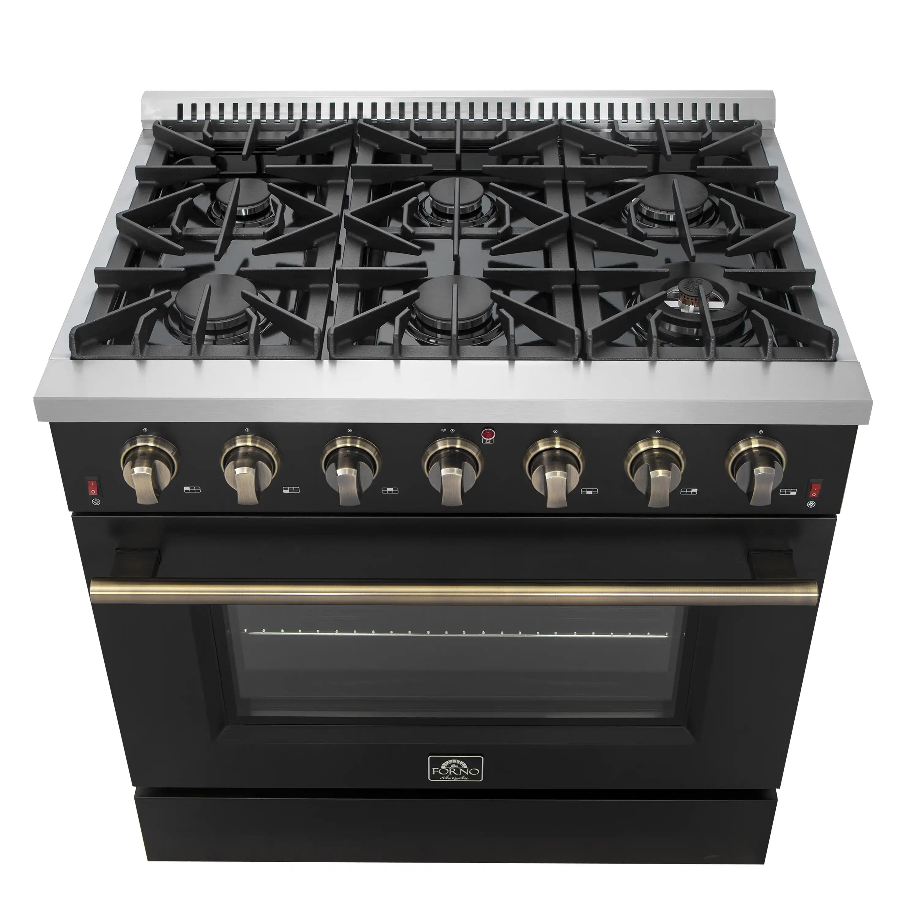 Black gas range top with five burners, brass control knobs, and oven door